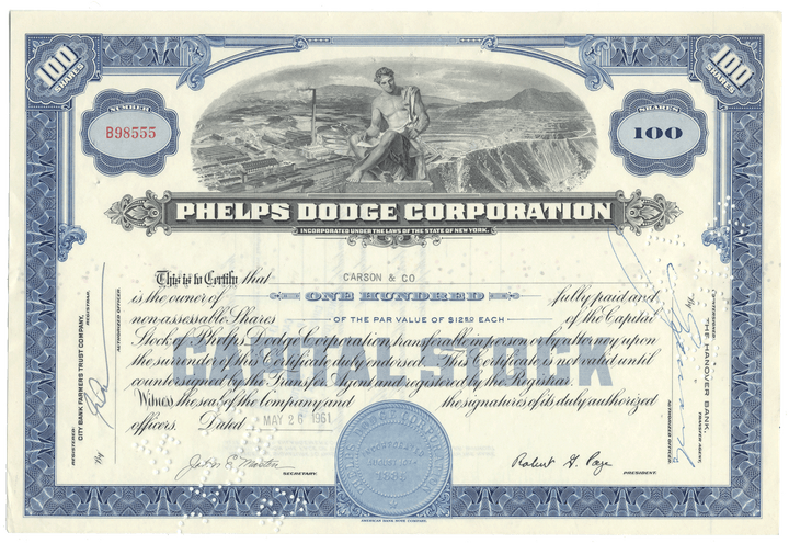 Phelps Dodge Corporation stock certificate with scenic illustration
