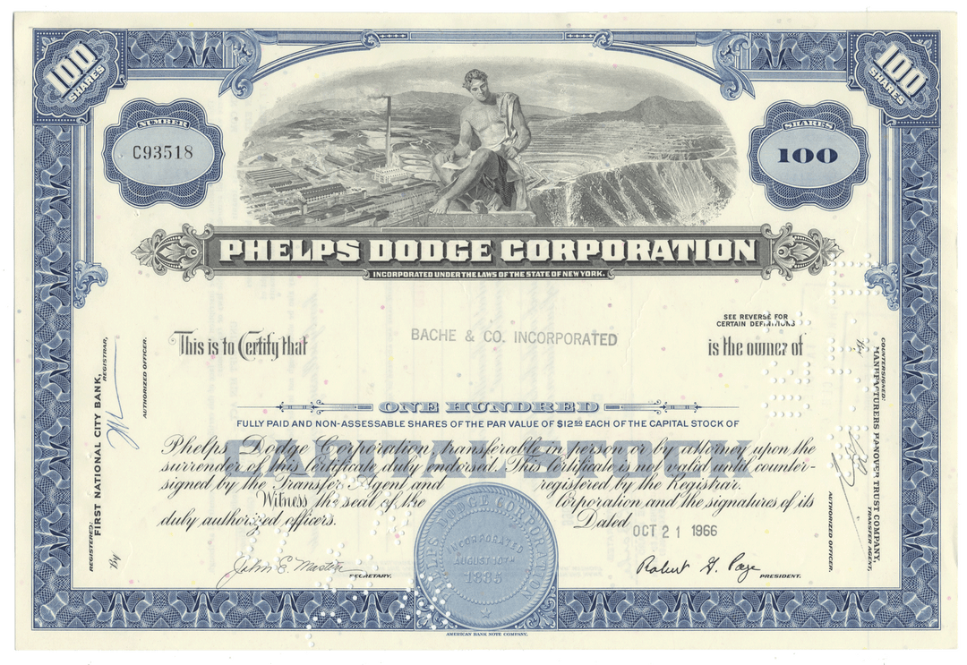 Vintage stock certificate of Phelps Dodge Corporation with blue border and illustration.
