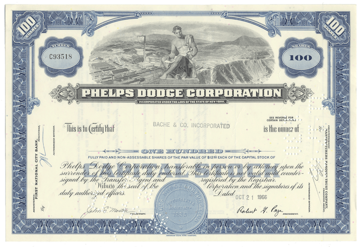Vintage stock certificate of Phelps Dodge Corporation with blue border and illustration.