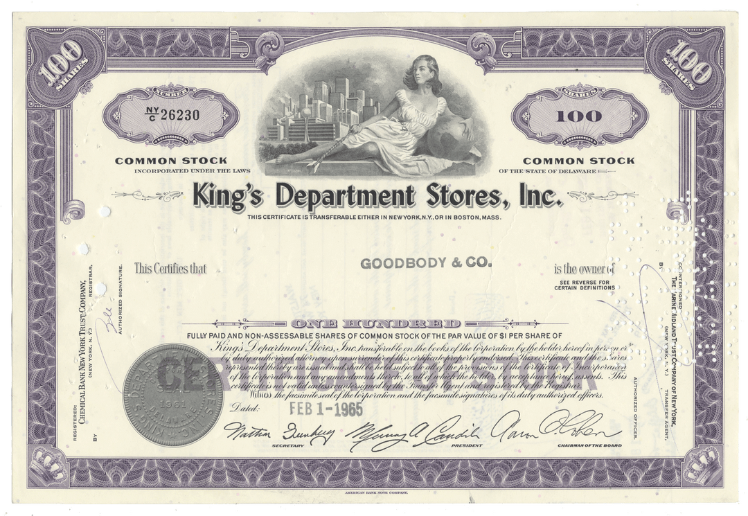 Vintage stock certificate for King's Department Stores, Inc. from 1965