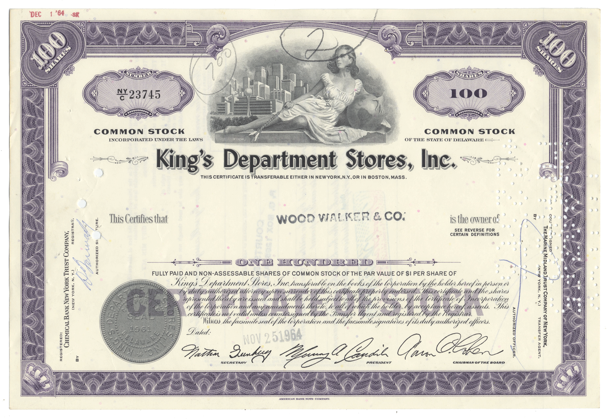 Vintage stock certificate for King's Department Stores, Inc. from 1964
