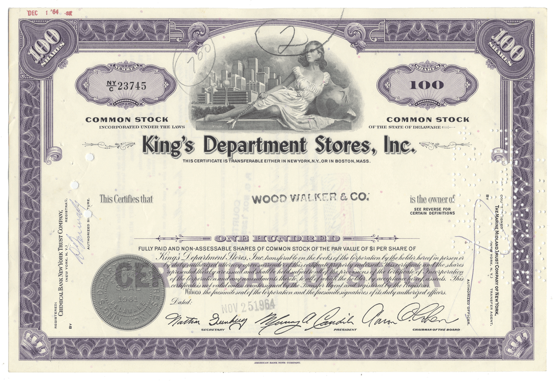 Vintage stock certificate for King's Department Stores, Inc. from 1964