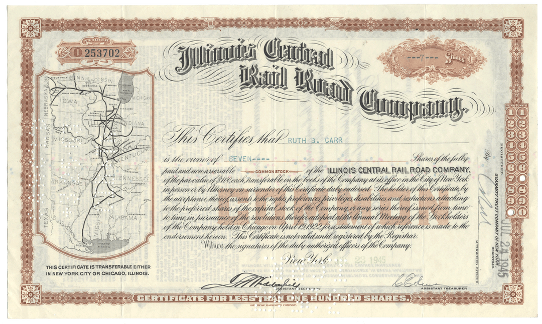 Vintage stock certificate of the Illinois Central Railroad Company from 1945
