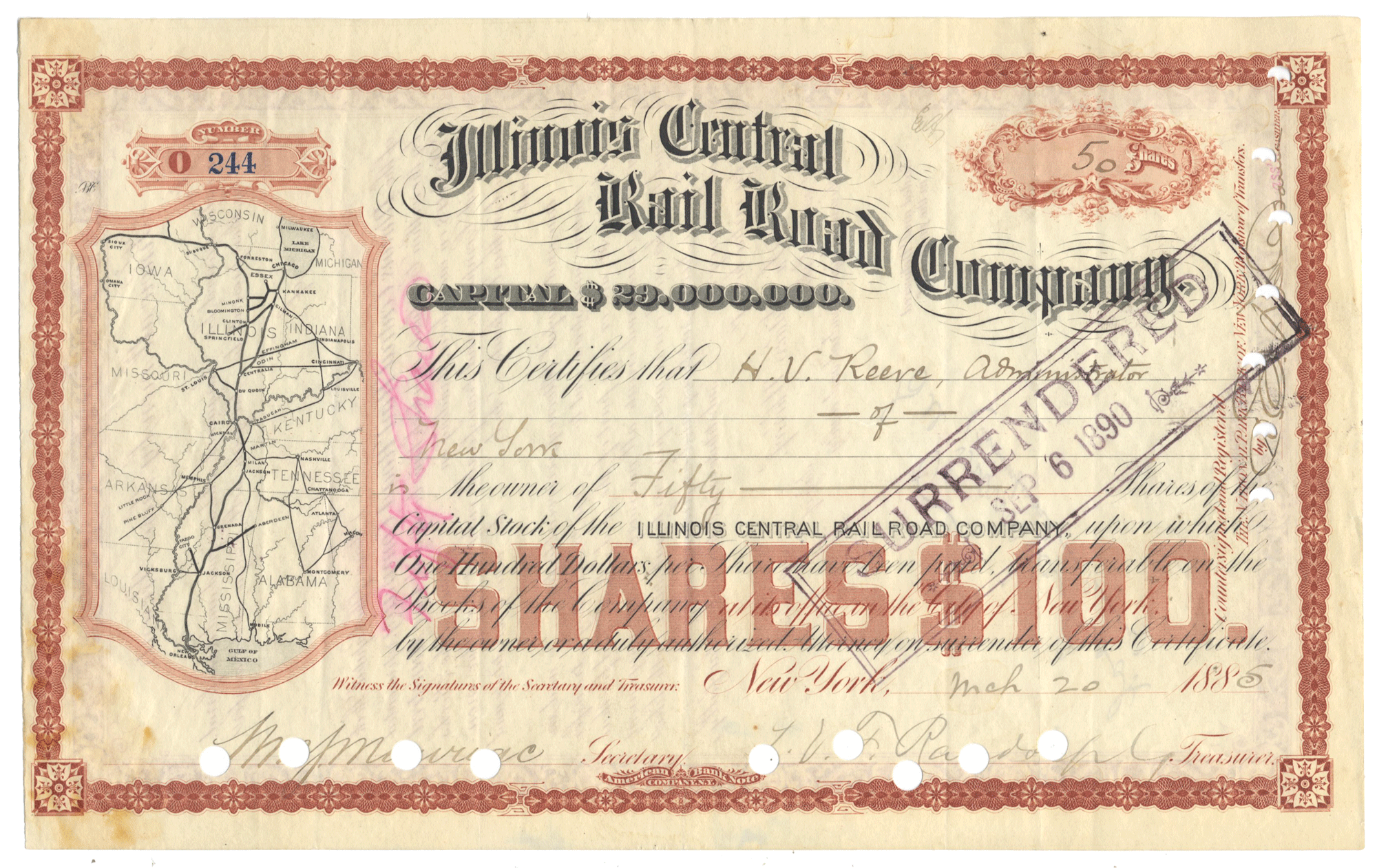 Vintage stock certificate from the Illinois Central Railroad Company dated 1885 featuring a route map vignette