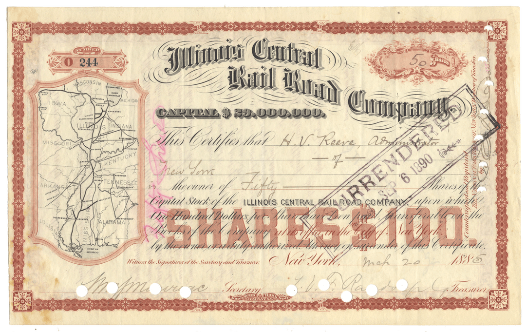 Vintage stock certificate from the Illinois Central Railroad Company dated 1885 featuring a route map vignette