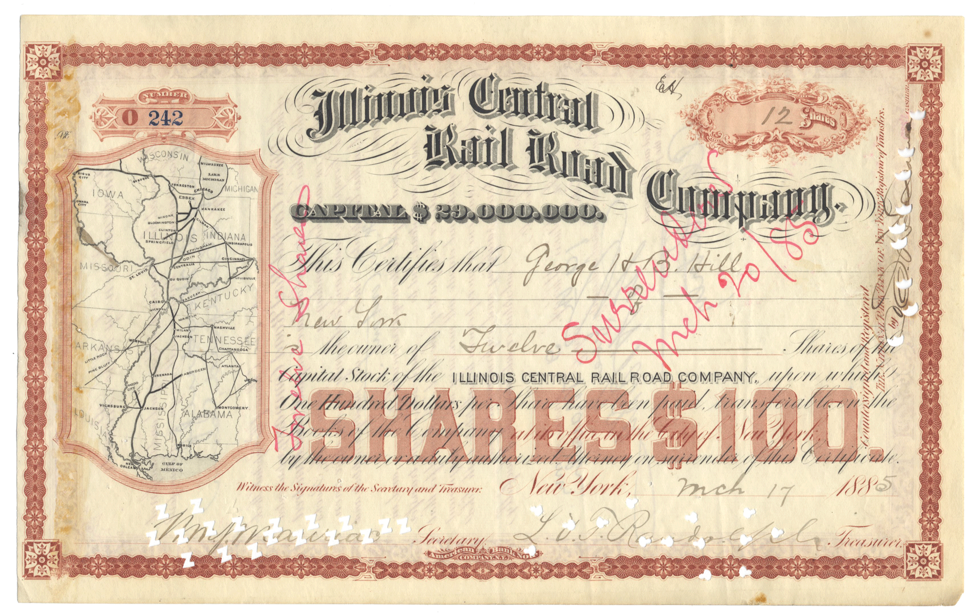 Vintage stock certificate from the Illinois Central Rail Road Company with decorative elements from 1885