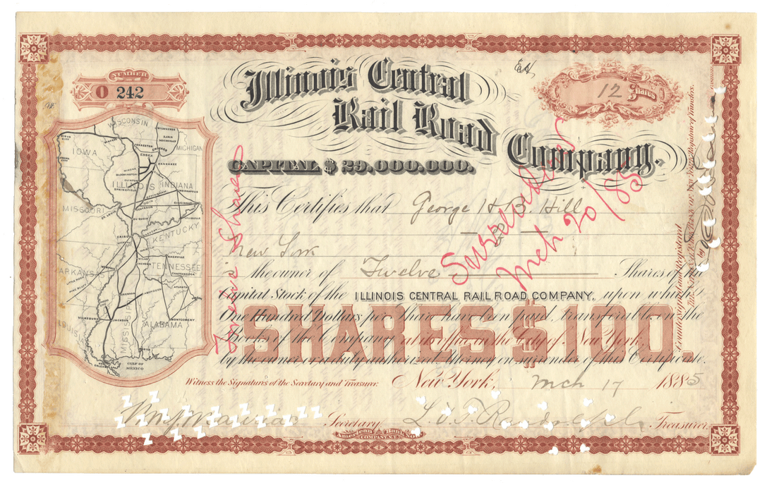 Vintage stock certificate from the Illinois Central Rail Road Company with decorative elements from 1885
