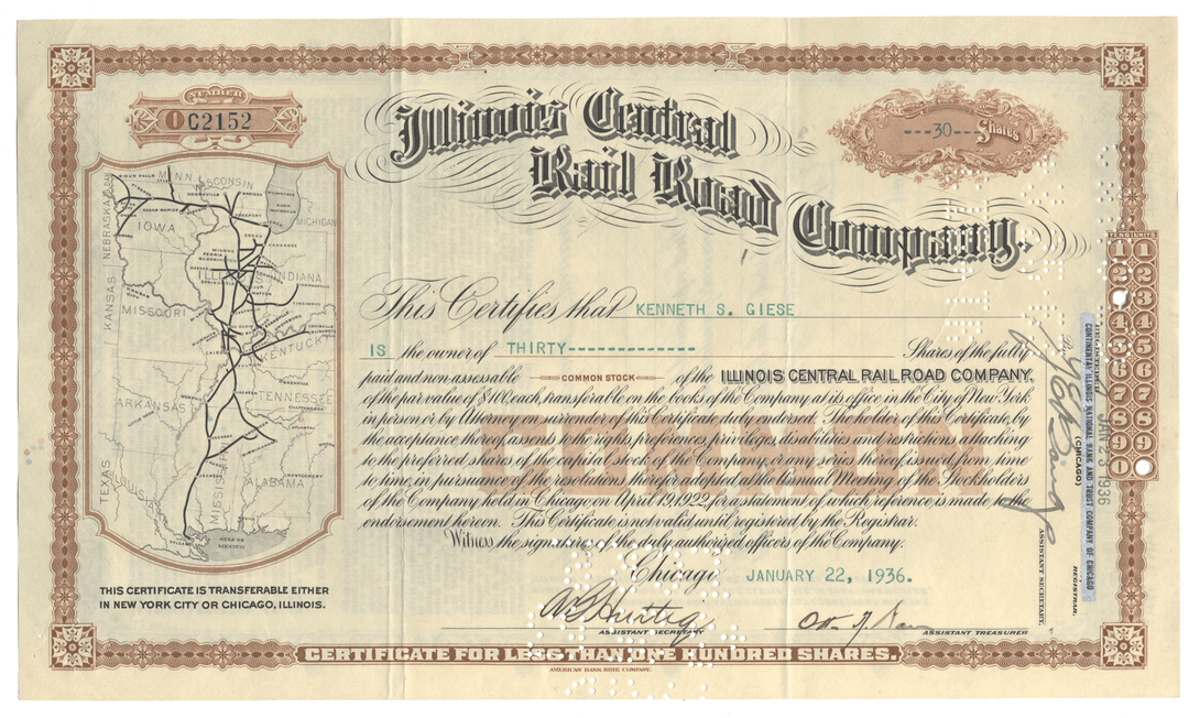 Illinois Central Rail Road Company Stock Certificate