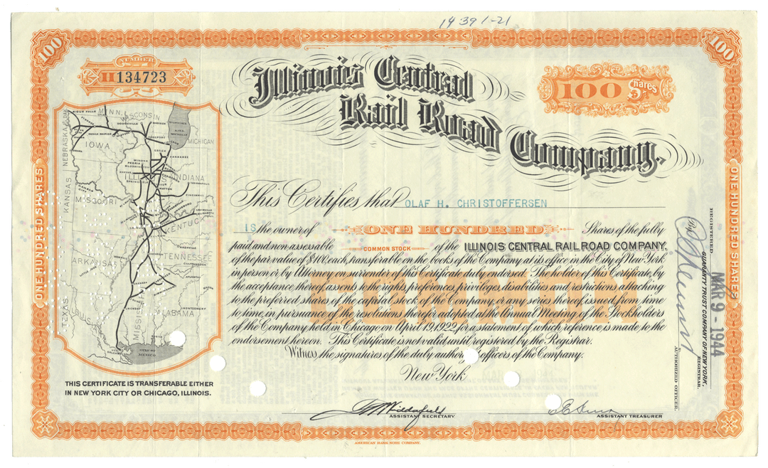 Illinois Central Railroad Company stock certificate with detailed text and graphics.