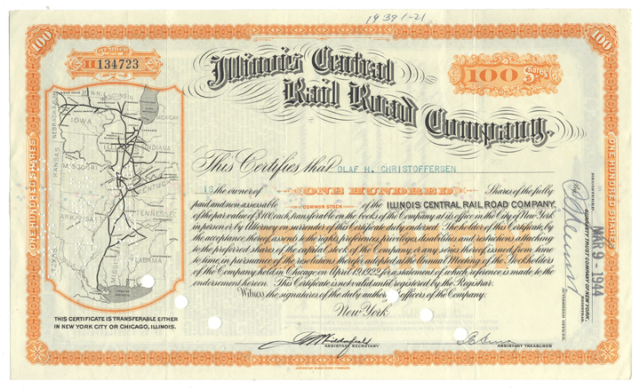 Illinois Central Railroad Company stock certificate with detailed text and graphics.