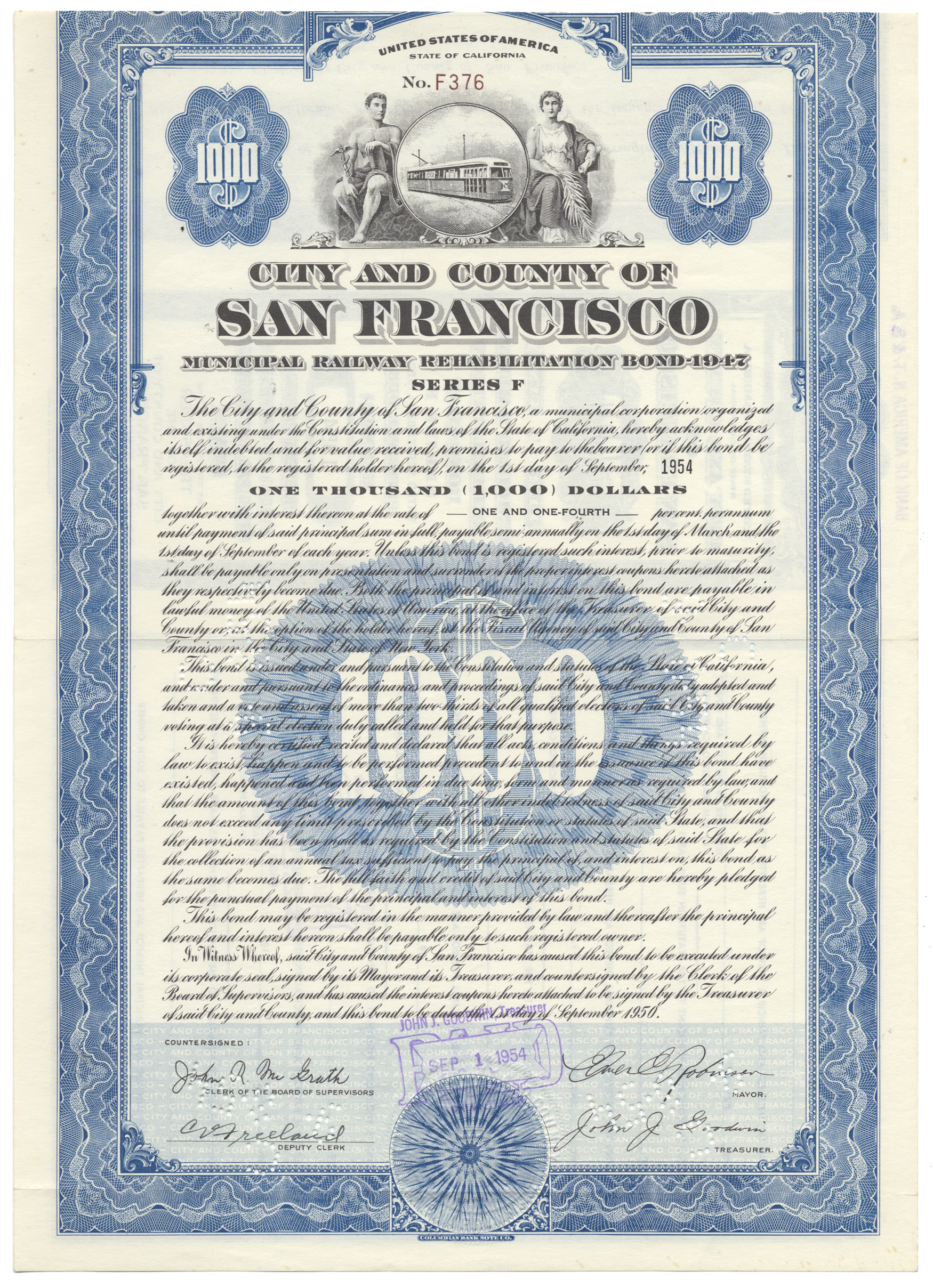 A vintage San Francisco city and county Municipal Railway rehabilitation bond certificate dated 1950