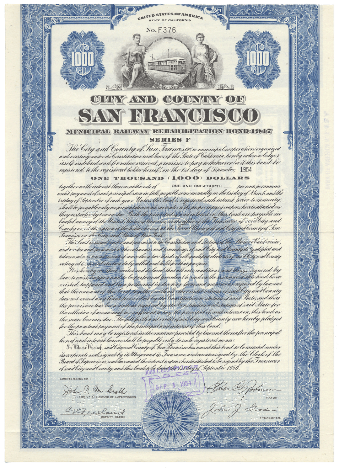 A vintage San Francisco city and county Municipal Railway rehabilitation bond certificate dated 1950
