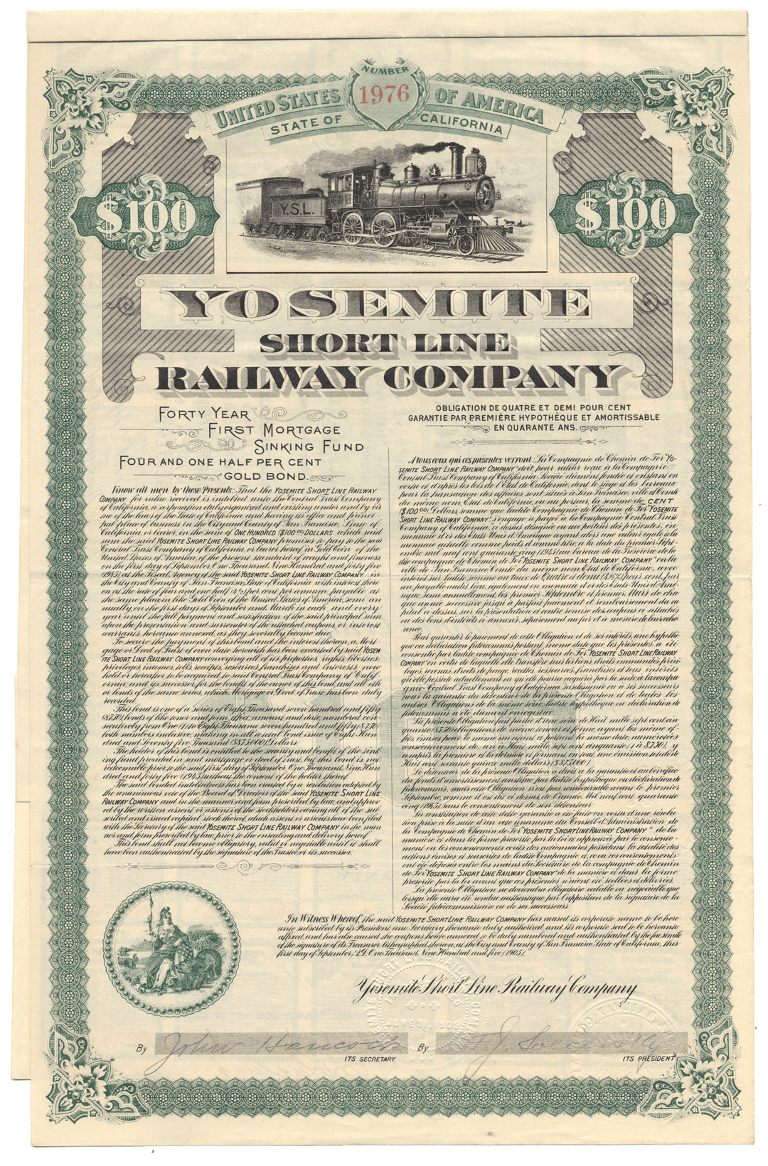 Yosemite Short Line Railway Company Bond Certificate