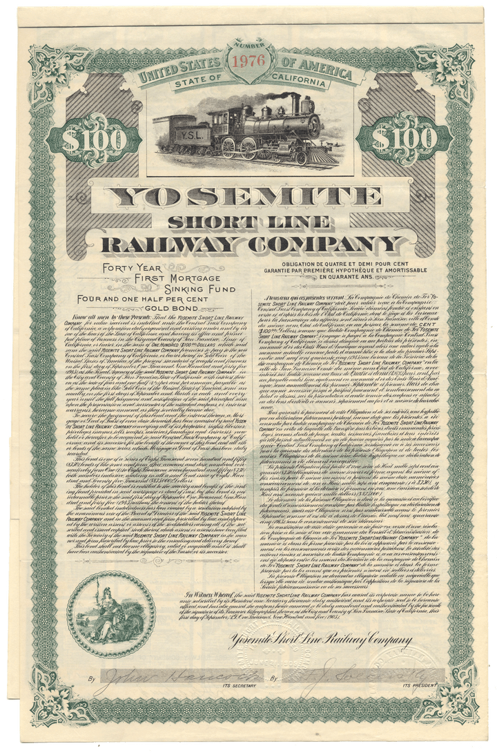 Yosemite Short Line Railway Company Bond Certificate