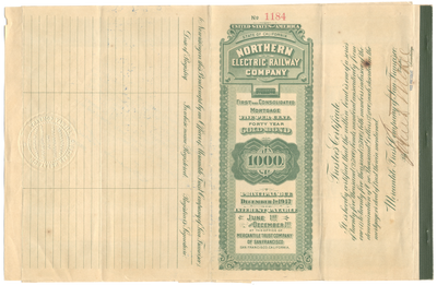 Northern Electric Railway Company Bond Certificate