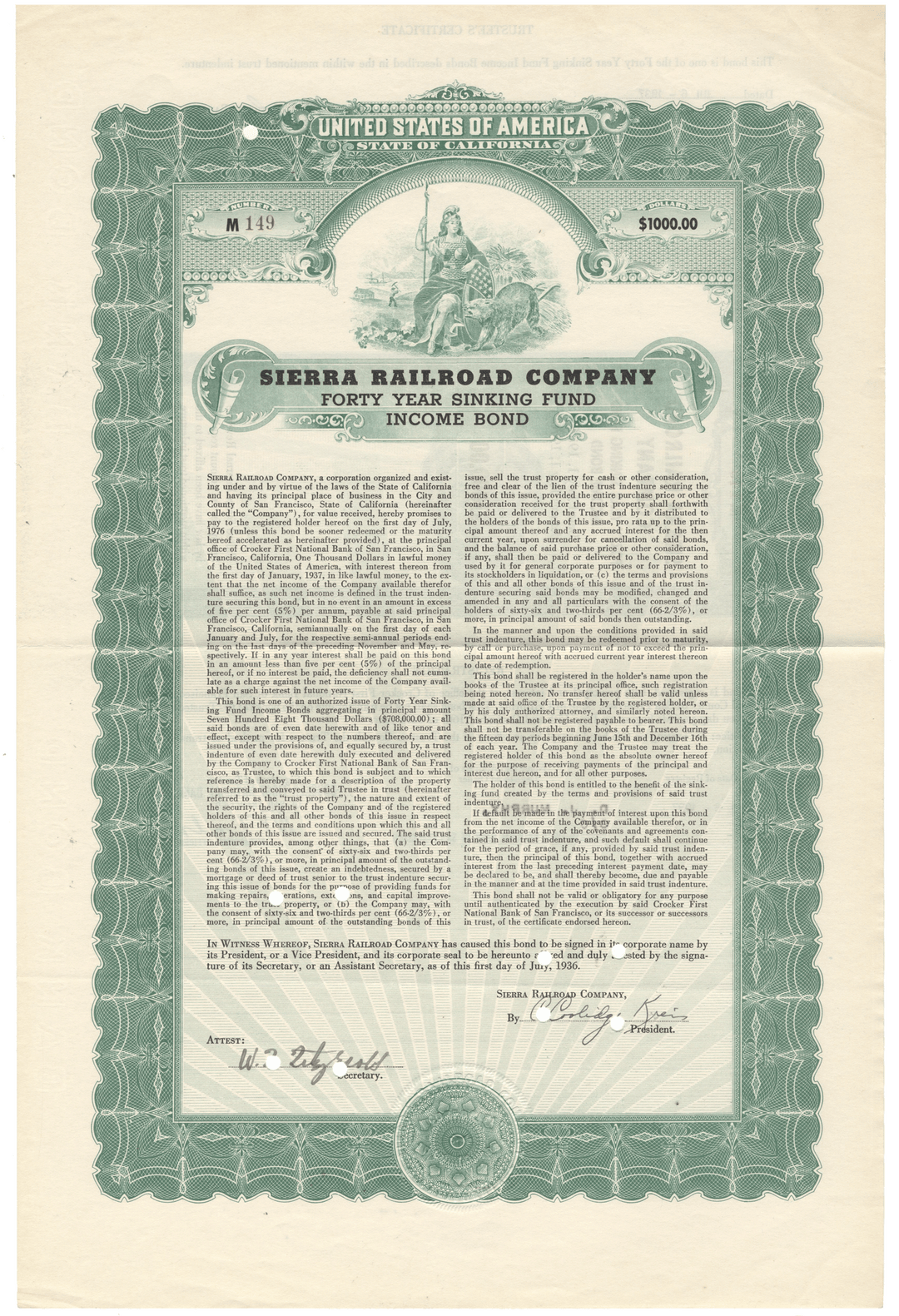 Sierra Railroad Company bond certificate dated 1936.