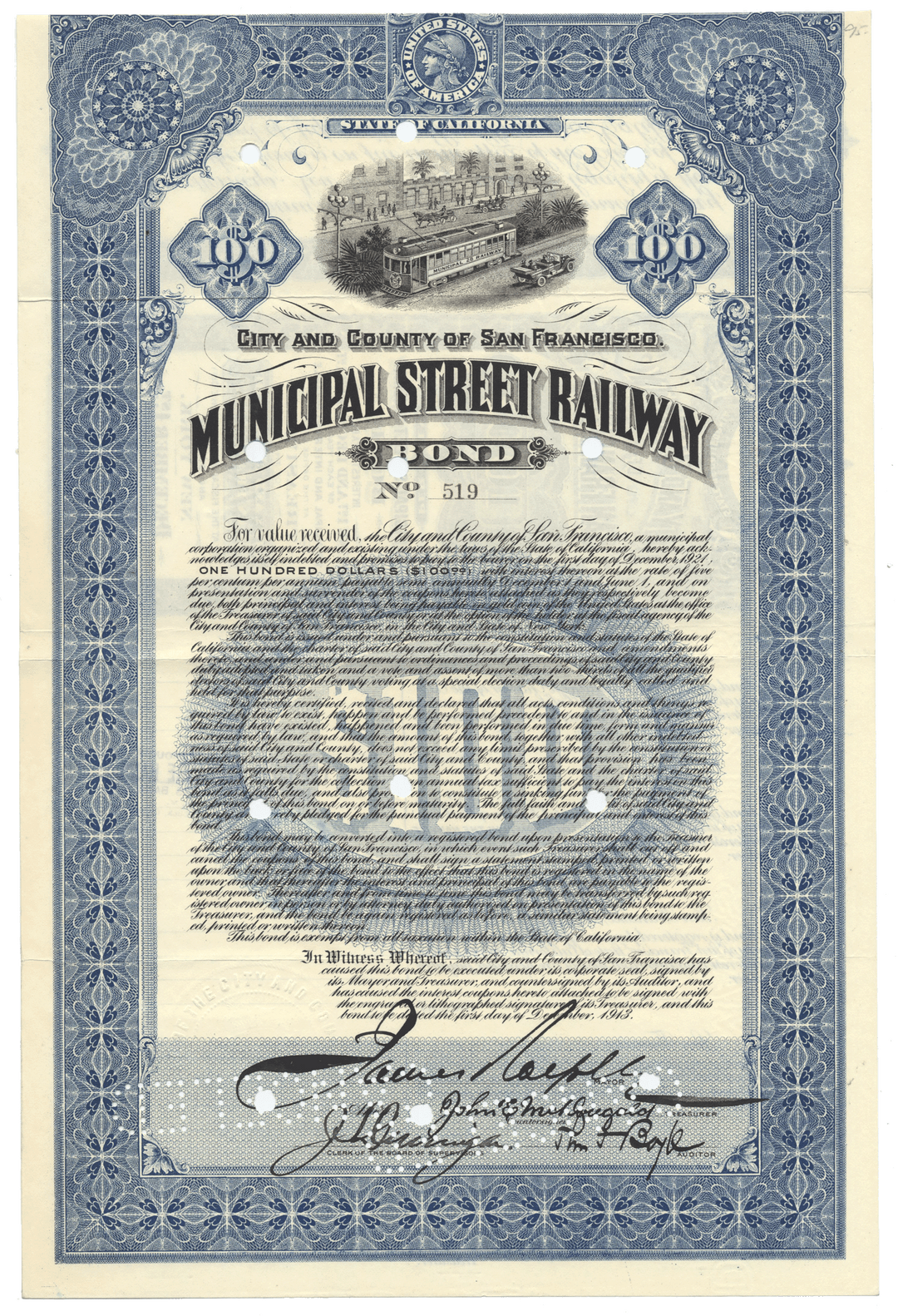 Municipal Street Railway bond certificate from 1913