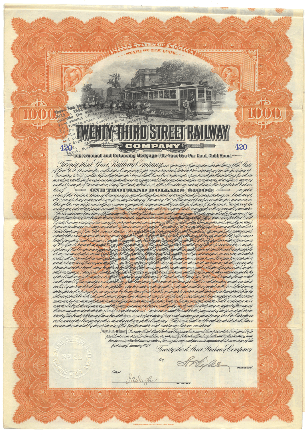 Vintage bond certificate for Twenty-Third Street Railway Company with decorative border and train illustration.