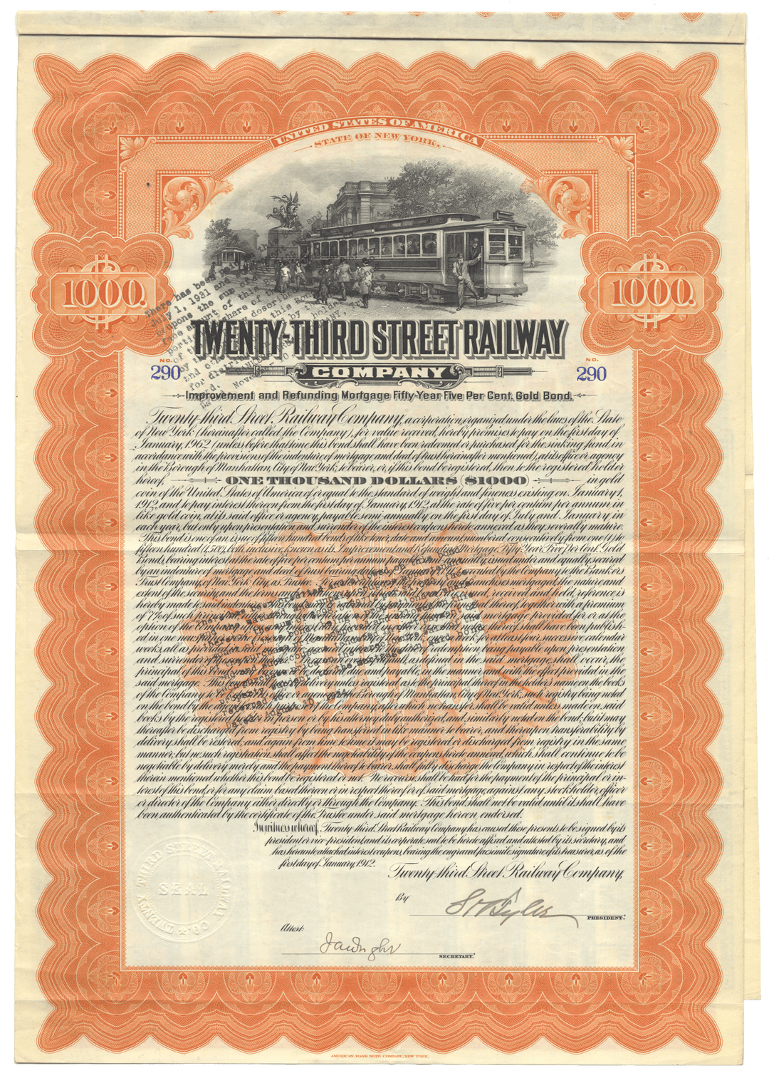 An antique bond certificate for the Twenty-Third Street Railway Company from 1912 featuring an illustration of a vintage streetcar
