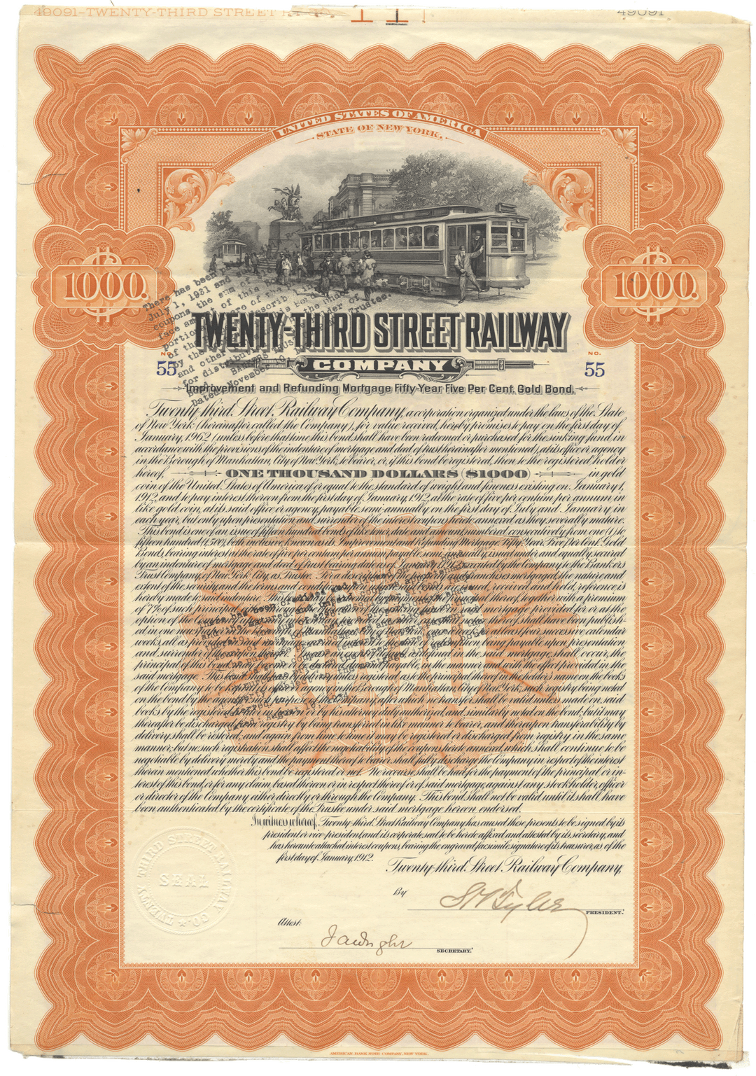 An antique bond certificate for the Twenty-Third Street Railway Company, dated 1912