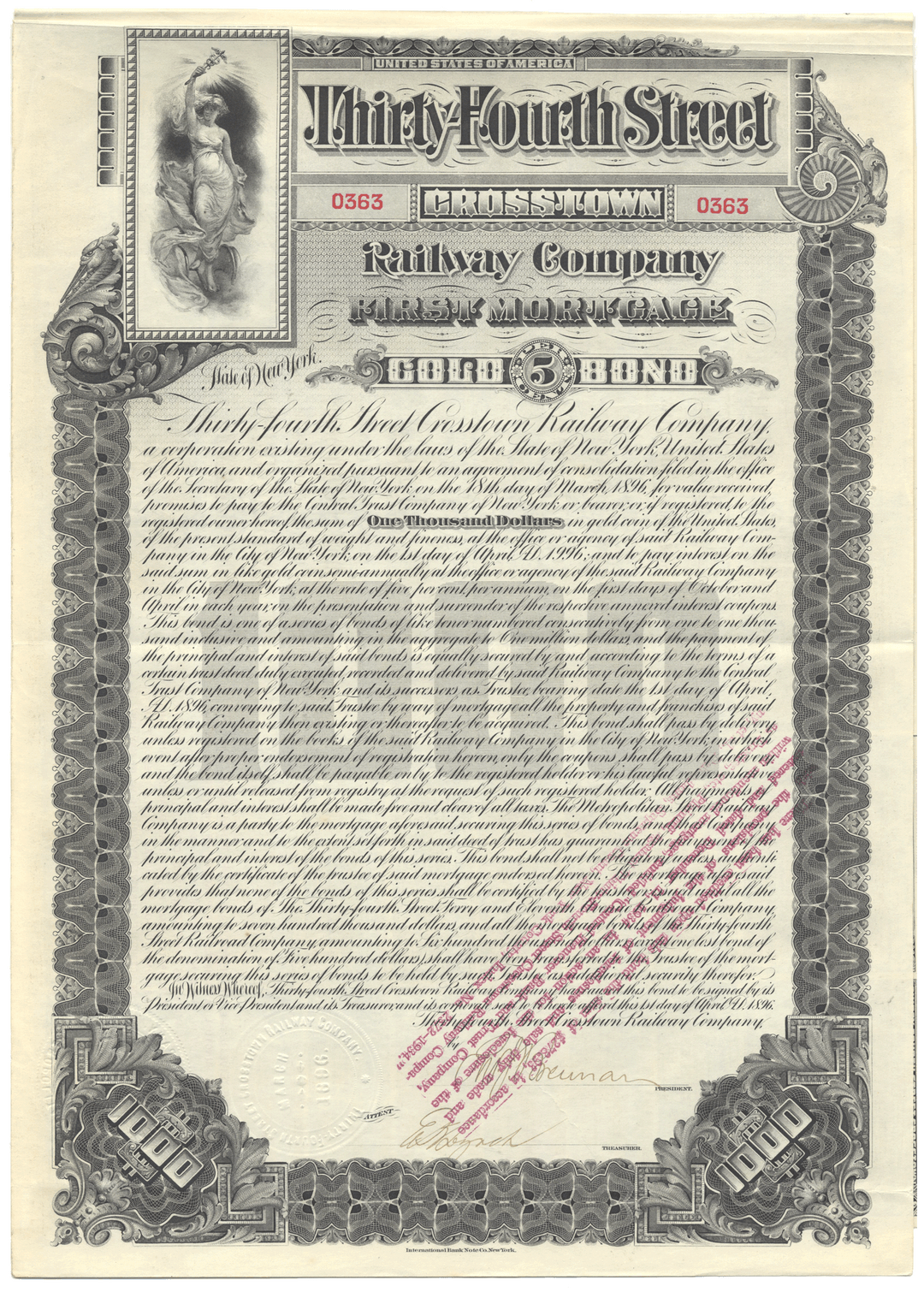Vintage bond certificate for Thirty-Fourth Street Cross Town Railway Company from 1896