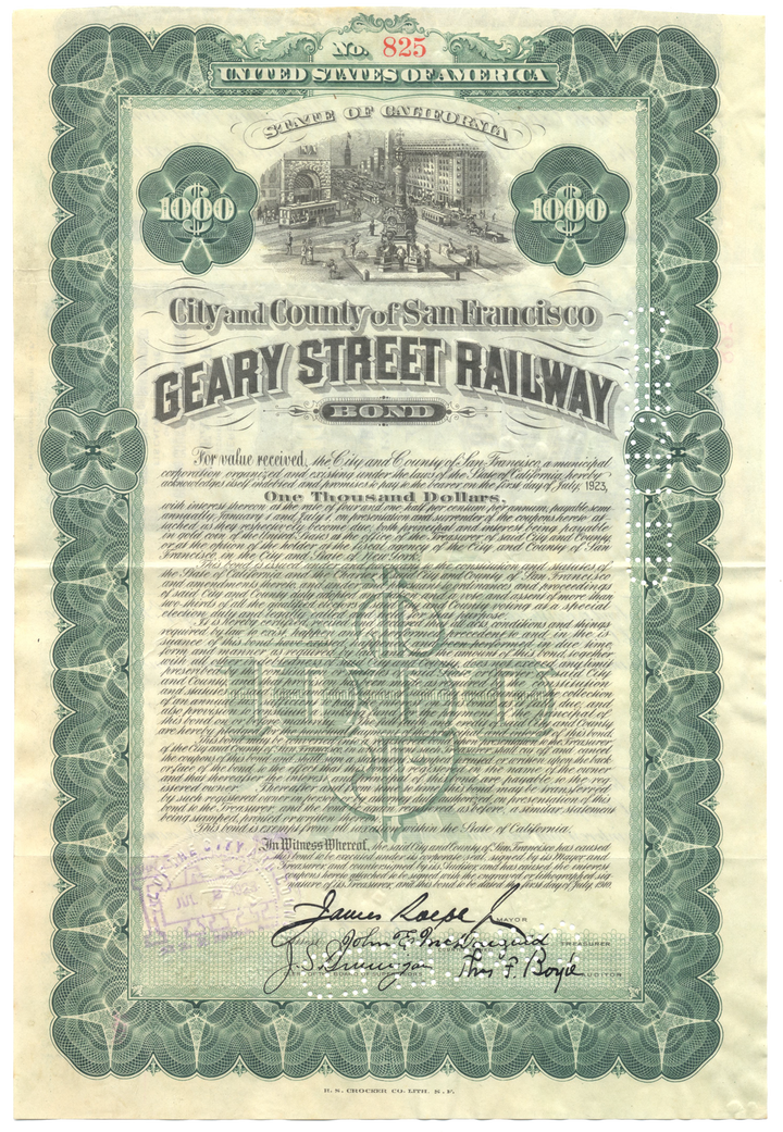 Geary Street Railway Company Bond Certificate