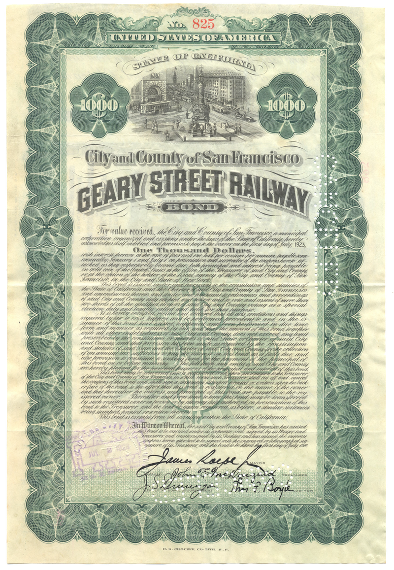 Geary Street Railway Company Bond Certificate