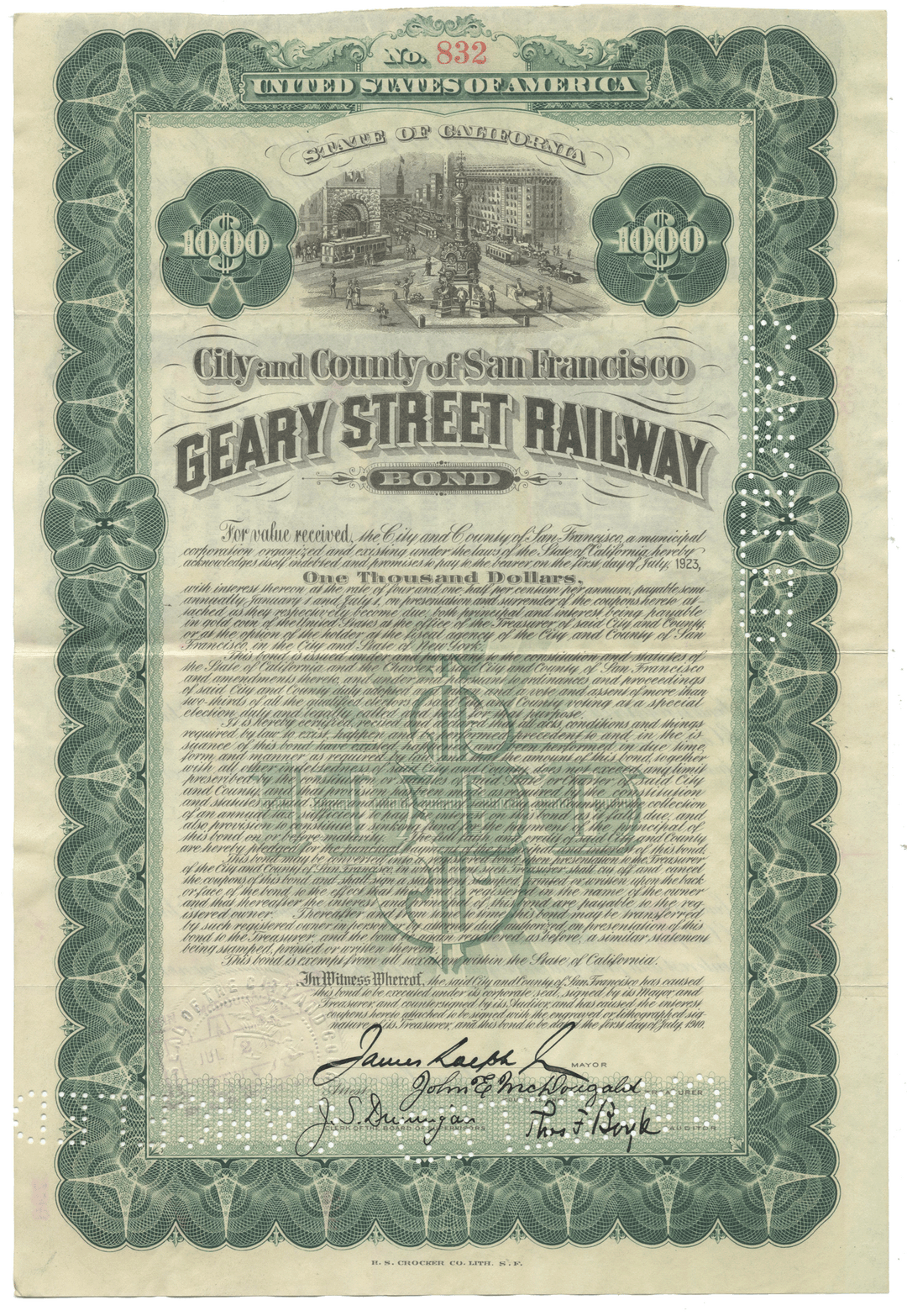 Historical bond certificate for Geary Street Railway from 1910