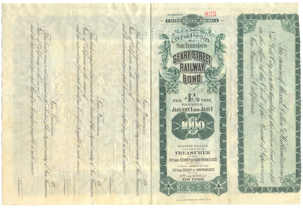 Geary Street Railway Company Bond Certificate