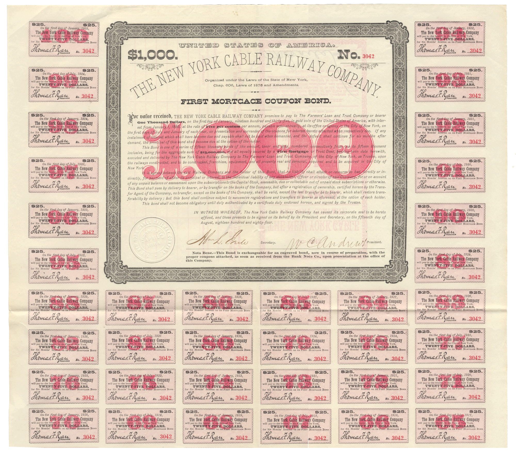 New York Cable Railway Company Bond Certificate Signed by Wallace Corydon Andrews