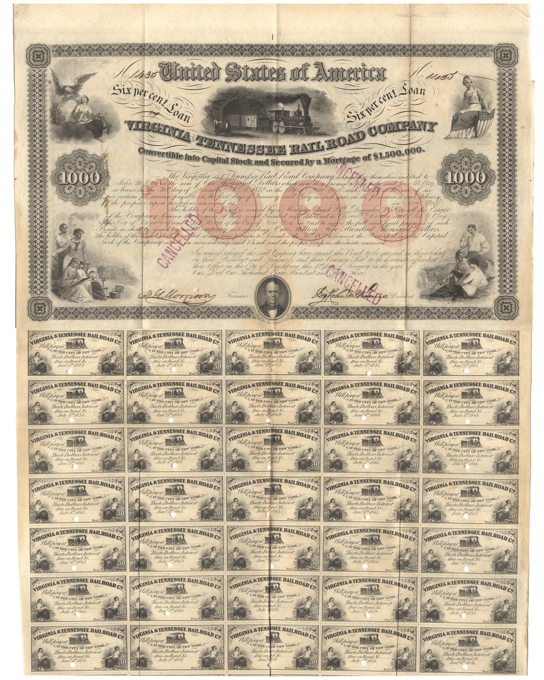 Vintage bond certificate for the Virginia & Tennessee Railroad Company dating back to 1853