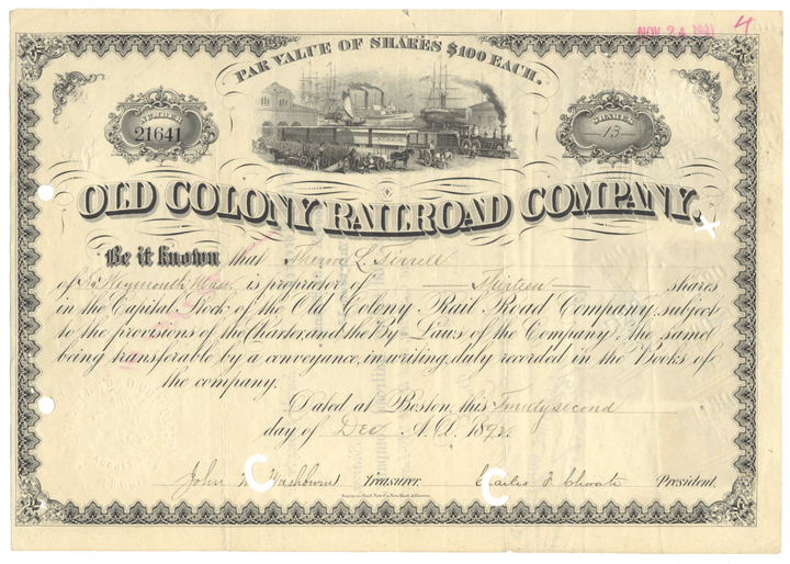 Old Colony Railroad Company Stock Certificate