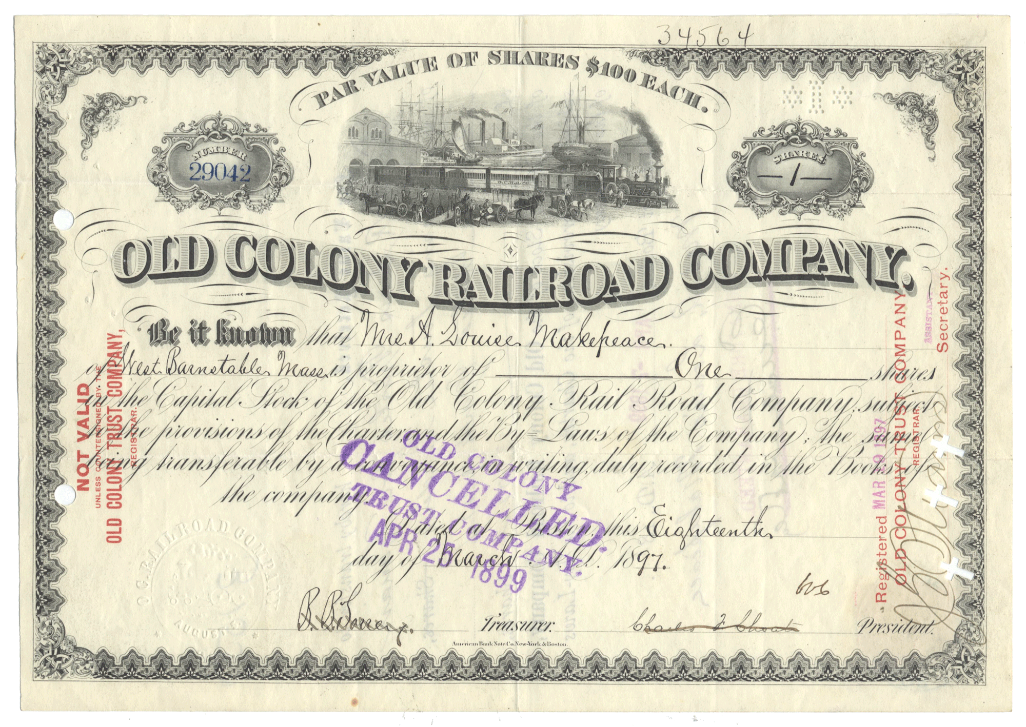 Old Colony Railroad Company stock certificate from 1897 with train illustration