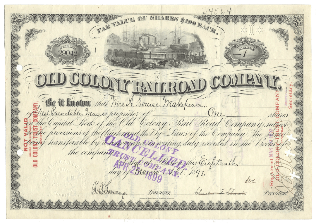 Old Colony Railroad Company stock certificate from 1897 with train illustration