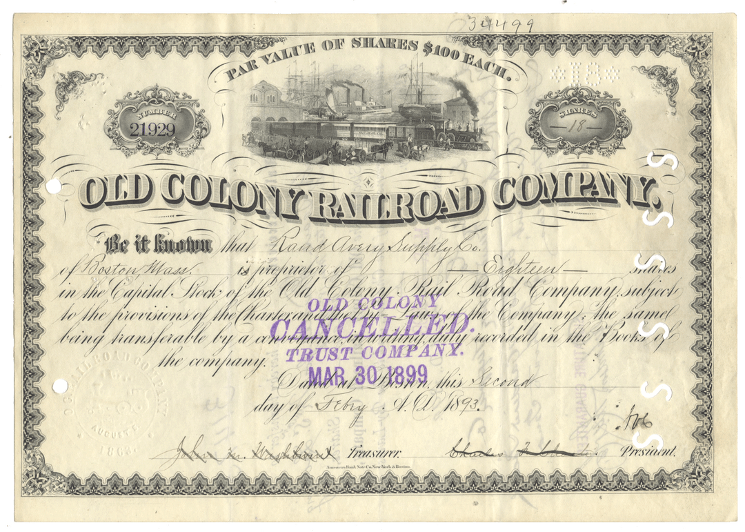 An antique stock certificate for the Old Colony Railroad Company, dated 1893