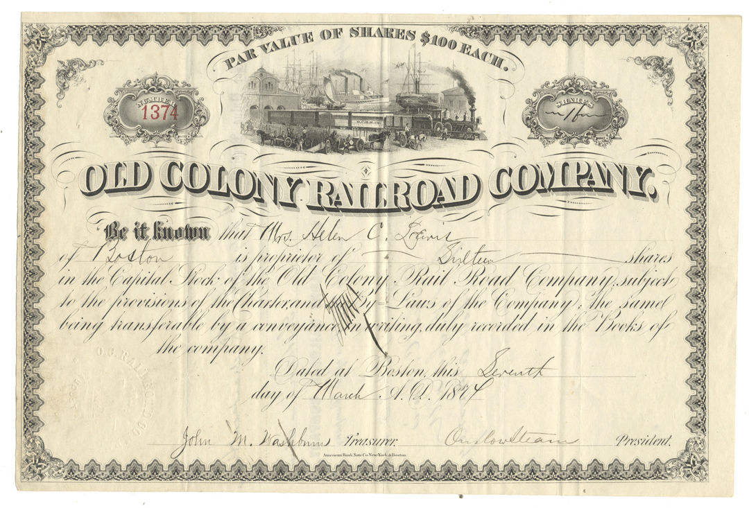 An antique stock certificate for the Old Colony Railroad Company, dated 1874