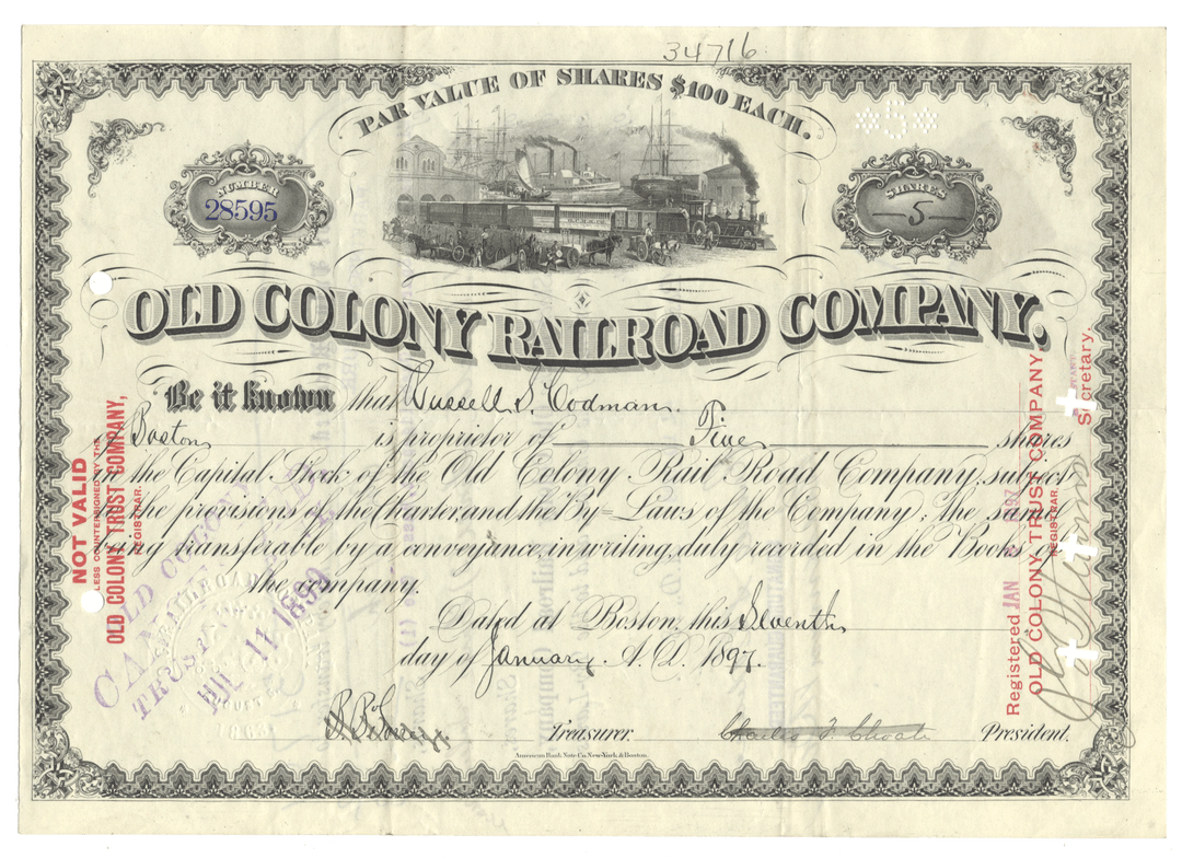 Old Colony Railroad Company stock certificate with train illustration