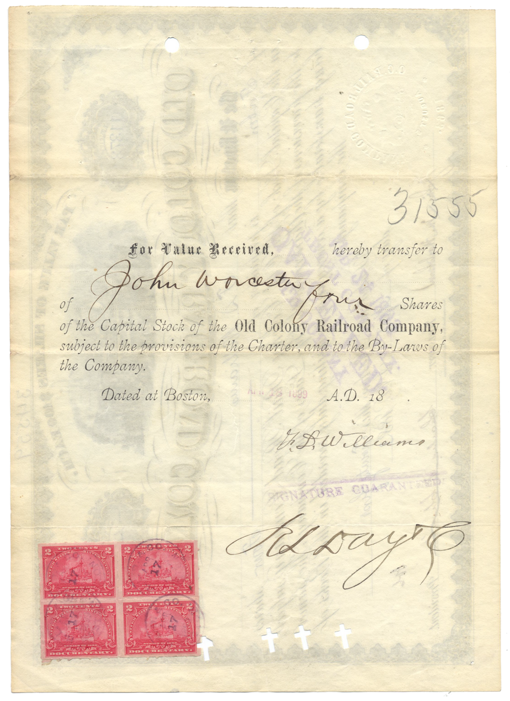 Old Colony Railroad Company Stock Certificate