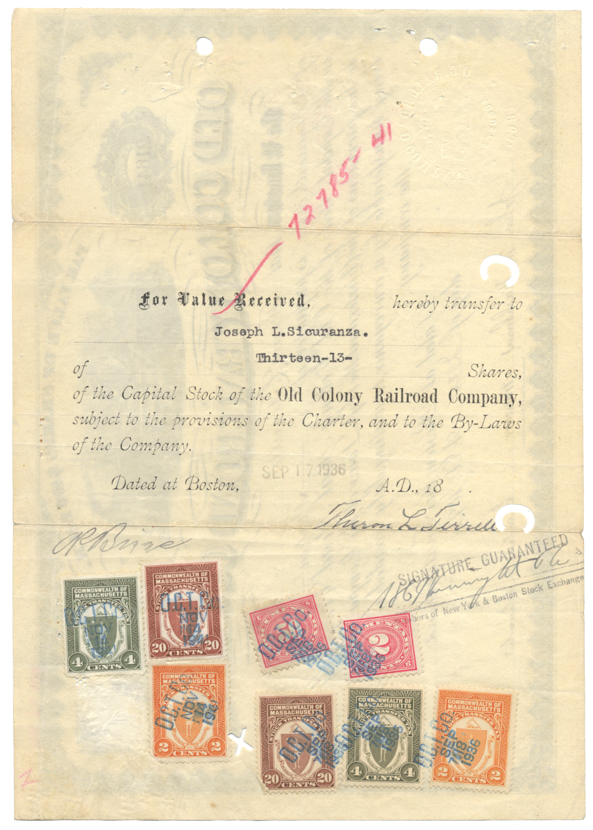 Old Colony Railroad Company Stock Certificate