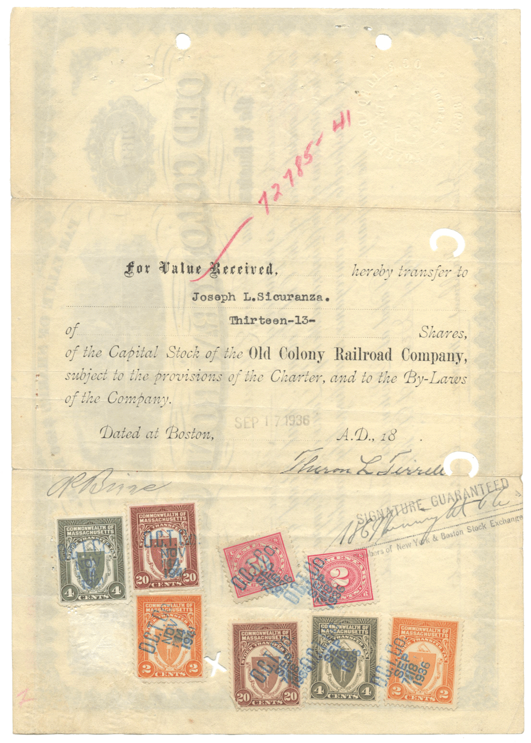 Old Colony Railroad Company Stock Certificate