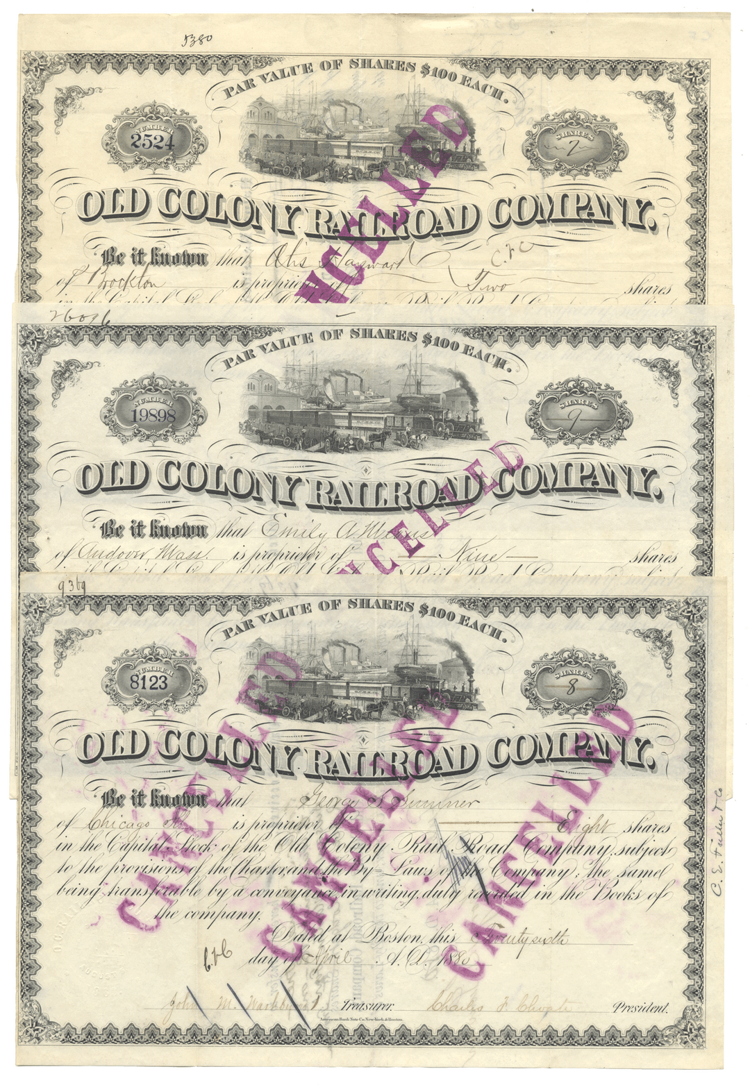Three Old Colony Railroad Company stock certificates from the 1800's