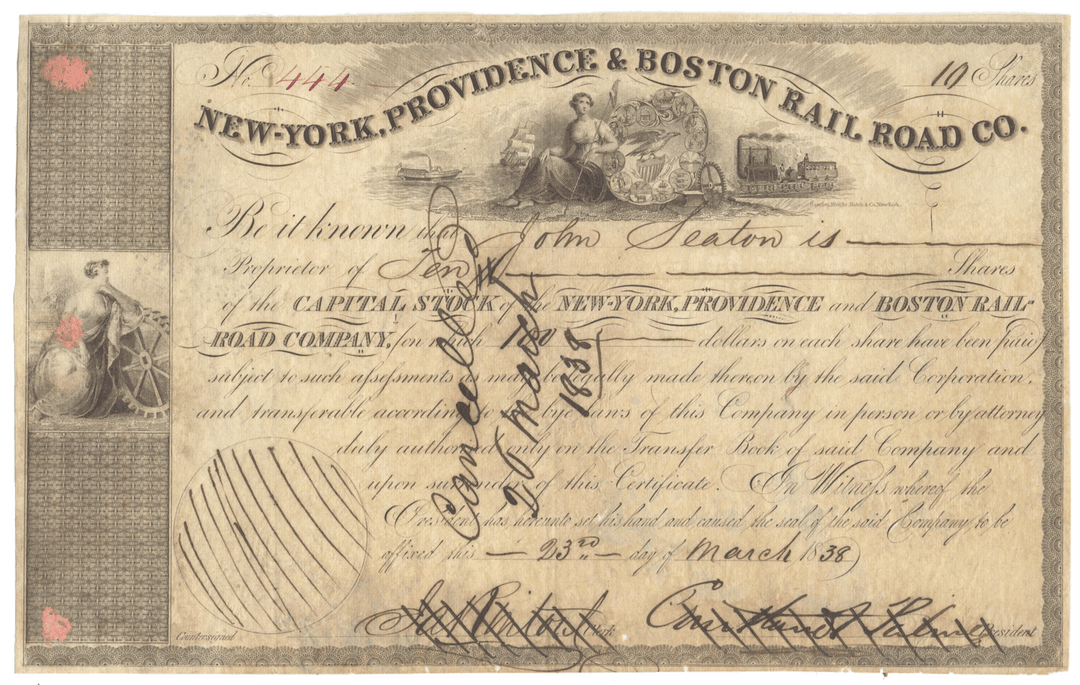 Vintage stock certificate for the New York Providence & Boston Rail Road Co. with detailed text and graphics.