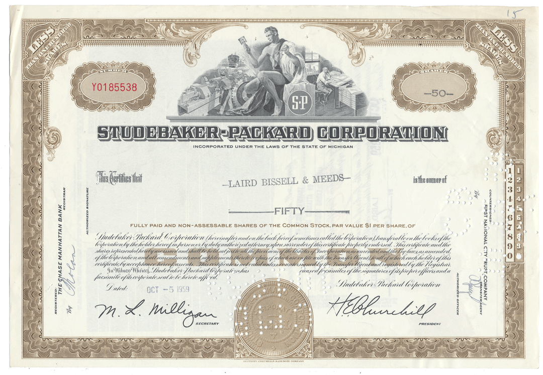 Vintage stock certificate from the Studebaker-Packard Corporation, dated 1959