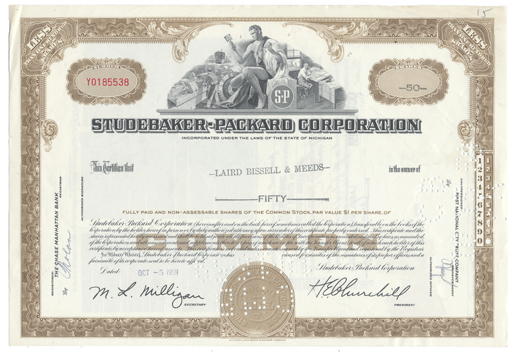 Vintage stock certificate from the Studebaker-Packard Corporation, dated 1959