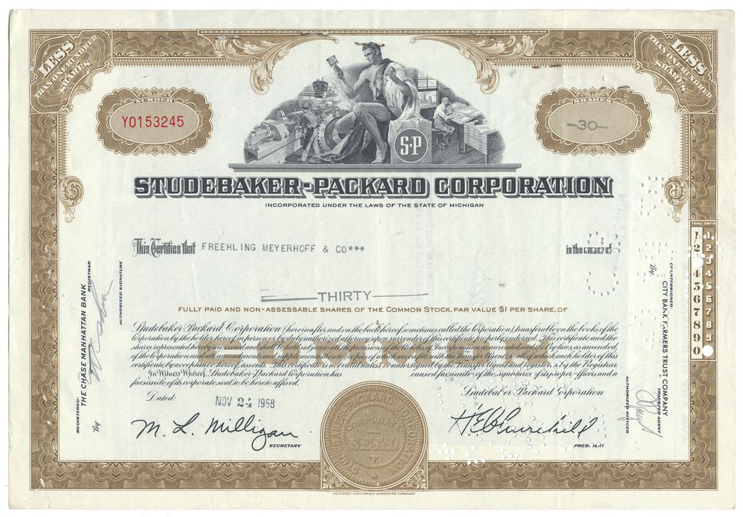 Studebaker-Packard Corporation stock certificate with detailed design and text.
