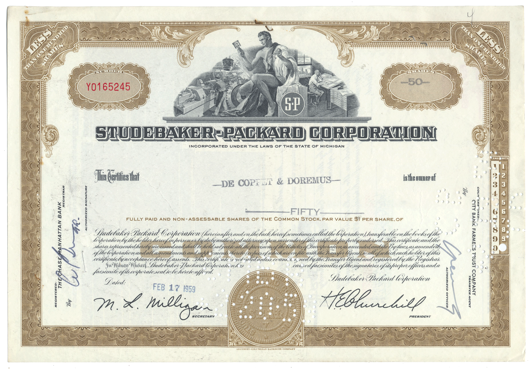 Studebaker-Packard Corporation stock certificate from 1959
