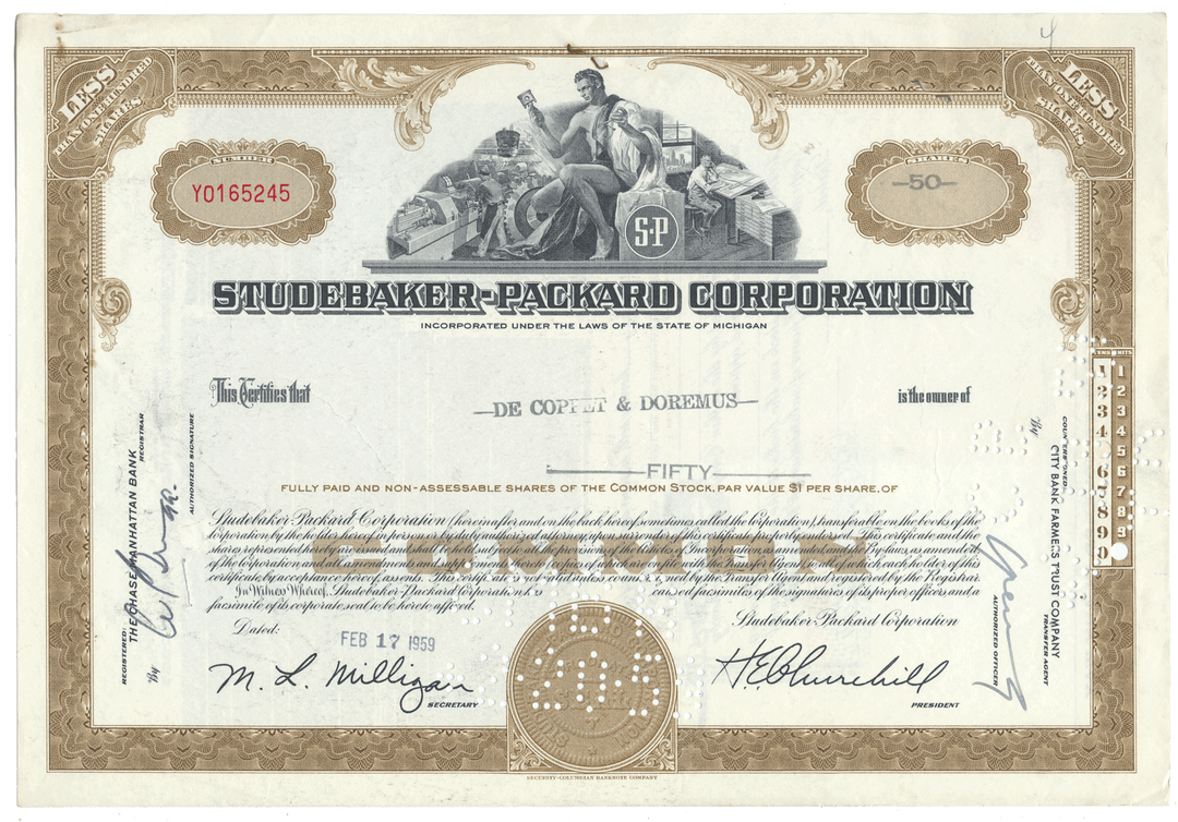 Studebaker-Packard Corporation stock certificate from 1959