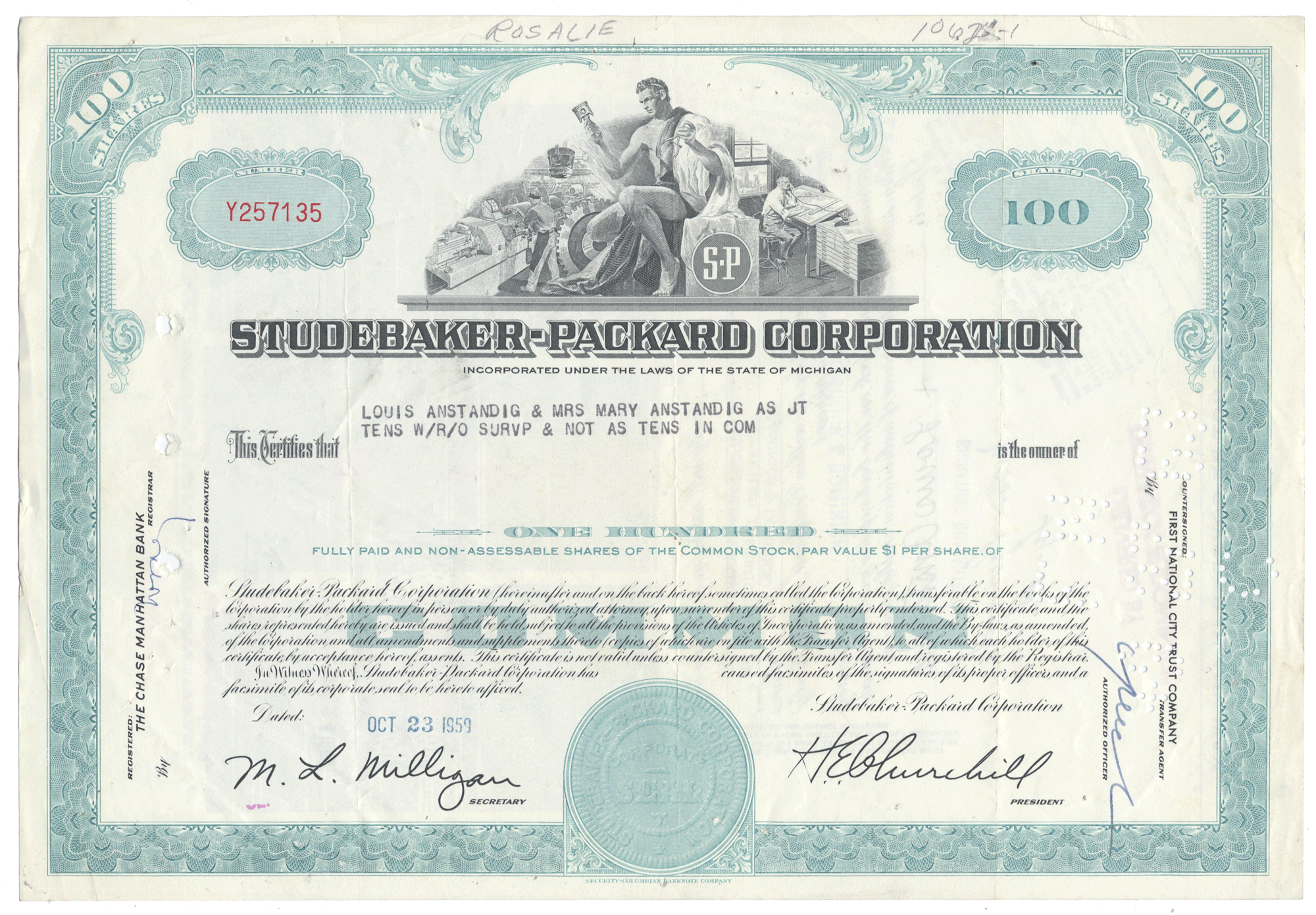 Studebaker-Packard Corporation stock certificate from 1959