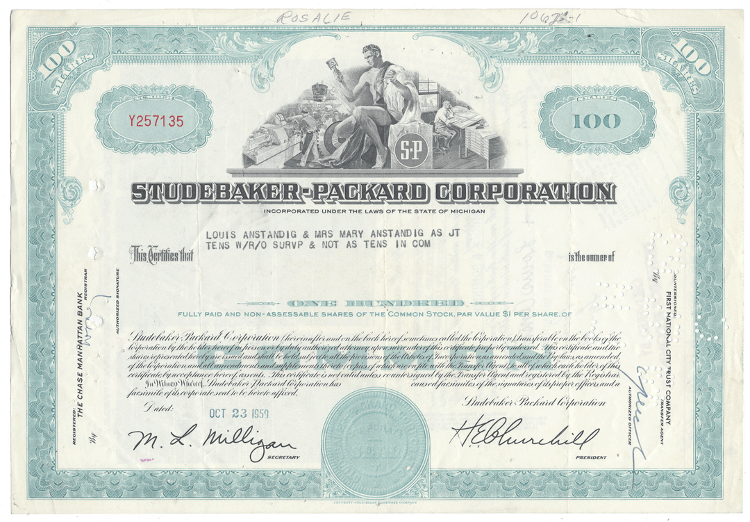 Studebaker-Packard Corporation stock certificate from 1959