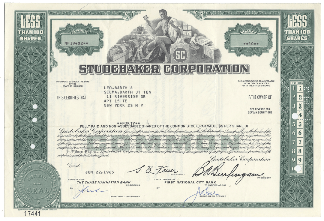 Studebaker Corporation stock certificate from 1965 with decorative elements and signatures.